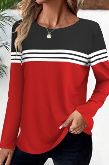 Red Striped Long Sleeve Round Neck T Shirt