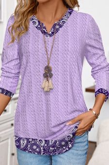 Light Purple Patchwork Tribal Print Long Sleeve T Shirt