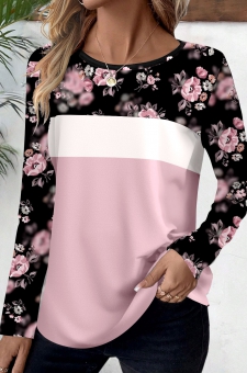 Pink Patchwork Ditsy Floral Print Long Sleeve T Shirt
