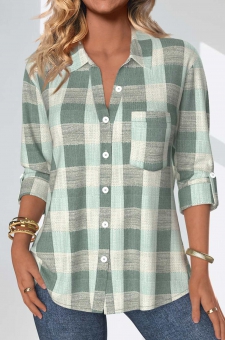 Sage Green Button Plaid Three Quarter Length Sleeve Blouse