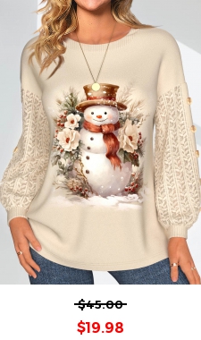 Christmas Lace Snowman Print Long Sleeve Round Neck Sweatshirt