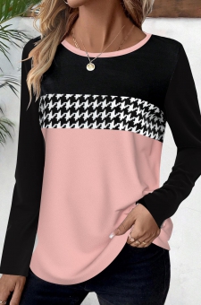 Pink Geometric Print Long Sleeve Round Neck T Shirt