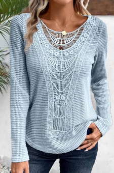 Dusty Blue Lace Long Sleeve Round Neck T Shirt