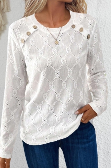 White Button Long Sleeve Round Neck T Shirt