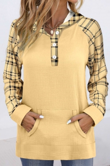 Light Yellow Patchwork Plaid Long Sleeve Hoodie