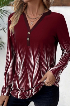 Deep Red Button Ombre Long Sleeve T Shirt