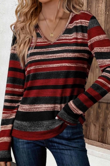 Multi Color Patchwork Long Sleeve V Neck T Shirt