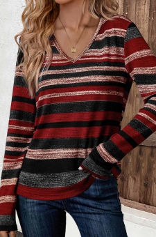 Multi Color Patchwork Long Sleeve V Neck T Shirt