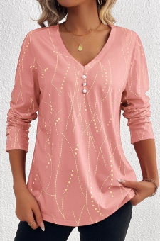 Pink Button Geometric Print Long Sleeve T Shirt
