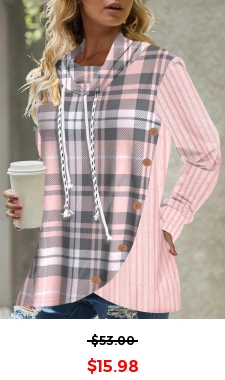 Button Tartan Print Pink Drawstring Sweatshirt