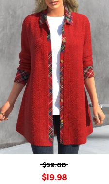 Red Button Plaid Long Sleeve Shirt Collar Coat