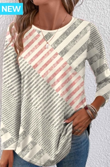 Beige Patchwork Geometric Print Long Sleeve T Shirt