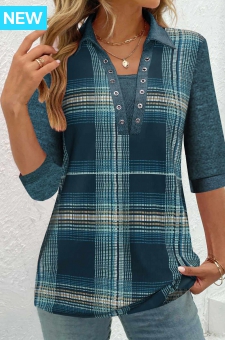 Peacock Blue Patchwork Plaid Half Sleeve Shirt Collar Blouse