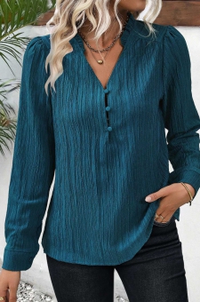 Peacock Blue Frill Long Sleeve Split Neck Blouse
