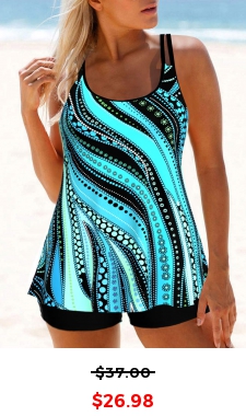 Polka Dot Striped Cyan Tankini Top