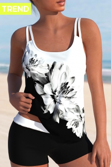 High Waisted Floral Print White Tankini Set