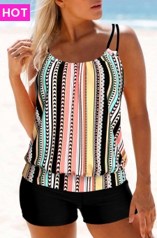 Multi Stripe Print Double Straps Tankini Top
