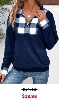 Navy Patchwork Plaid Long Sleeve Turn Down Collar Sweatshirt