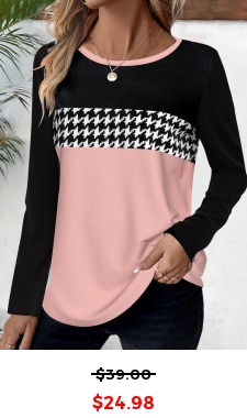 Pink Geometric Print Long Sleeve Round Neck T Shirt
