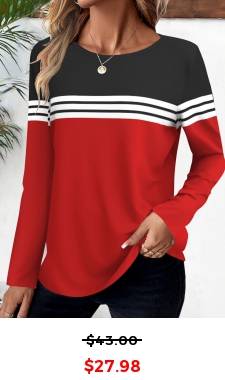 Red Striped Long Sleeve Round Neck T Shirt