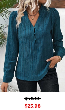 Peacock Blue Frill Long Sleeve Split Neck Blouse