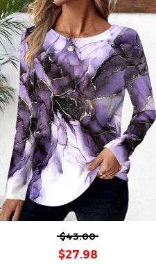 Purple Floral Print Long Sleeve Round Neck T Shirt