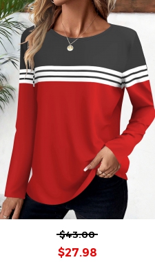 Red Striped Long Sleeve Round Neck T Shirt