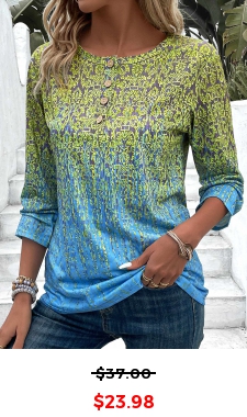 Blue Button Ombre 3/4 Sleeve Round Neck T Shirt