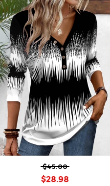 Black Patchwork Ombre Long Sleeve V Neck T Shirt