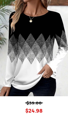 Black Patchwork Geometric Print Long Sleeve T Shirt