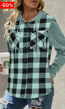 Mint Green Pocket Plaid Long Sleeve Hoodie