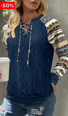 Navy Patchwork Tribal Print Long Sleeve Split Neck Sweatshirt