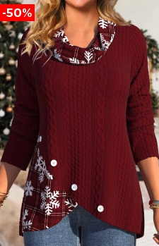 Christmas Deep Red Button Snowflake Print Long Sleeve Sweatshirt