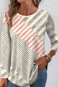 Beige Patchwork Geometric Print Long Sleeve T Shirt