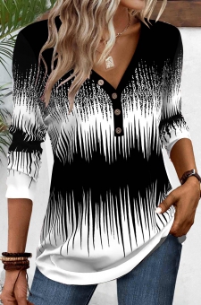 Black Patchwork Ombre Long Sleeve V Neck T Shirt