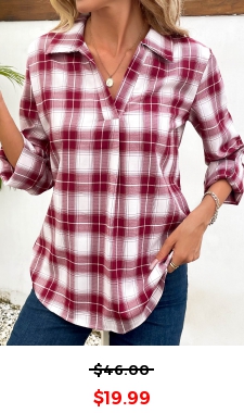 Wine Red Split Plaid Long Sleeve Blouse