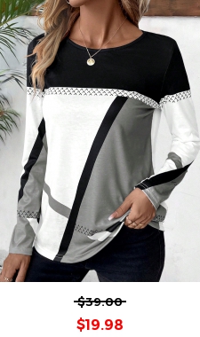 Multi Color Patchwork Geometric Print Long Sleeve T Shirt
