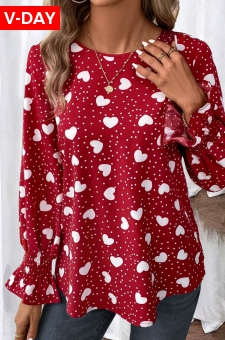 Valentine\'s Day Red Button Long Sleeve Round Neck Blouse