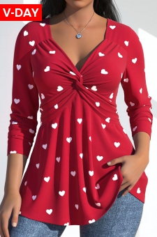 Red Twist Heart Print Long Sleeve T Shirt