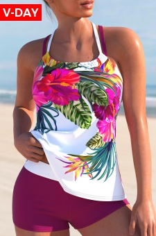 Criss Cross Floral Print Hot Pink Tankini Set
