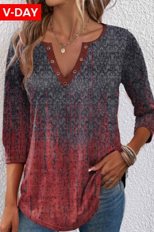 Wine Red Eyelet Ombre 3/4 Sleeve T Shirt