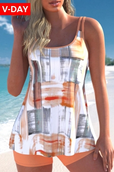 Contrast Binding Geometric Print Orange Tankini Set