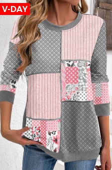 Light Pink Patchwork Geometric Print Long Sleeve Sweatshirt