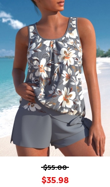 Bowknot Floral Print Grey Tankini Set