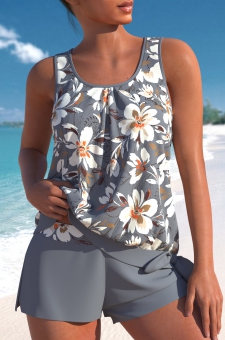 Bowknot Floral Print Grey Tankini Set