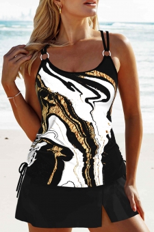 Circular Ring Wave Pattern Print Black Tankini Set