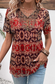 Multi Color Button Tribal Print Short Sleeve Blouse