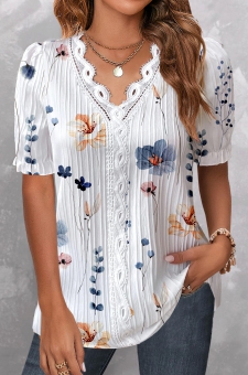 White Lace Floral Print Long Sleeve V Neck Blouse