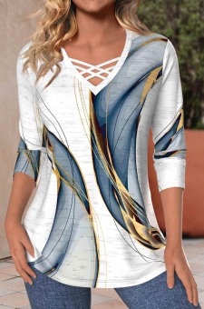 White Criss Cross Geometric Print Long Sleeve T Shirt