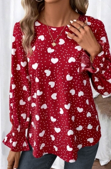Valentine\\\'s Day Red Button Long Sleeve Round Neck Blouse
